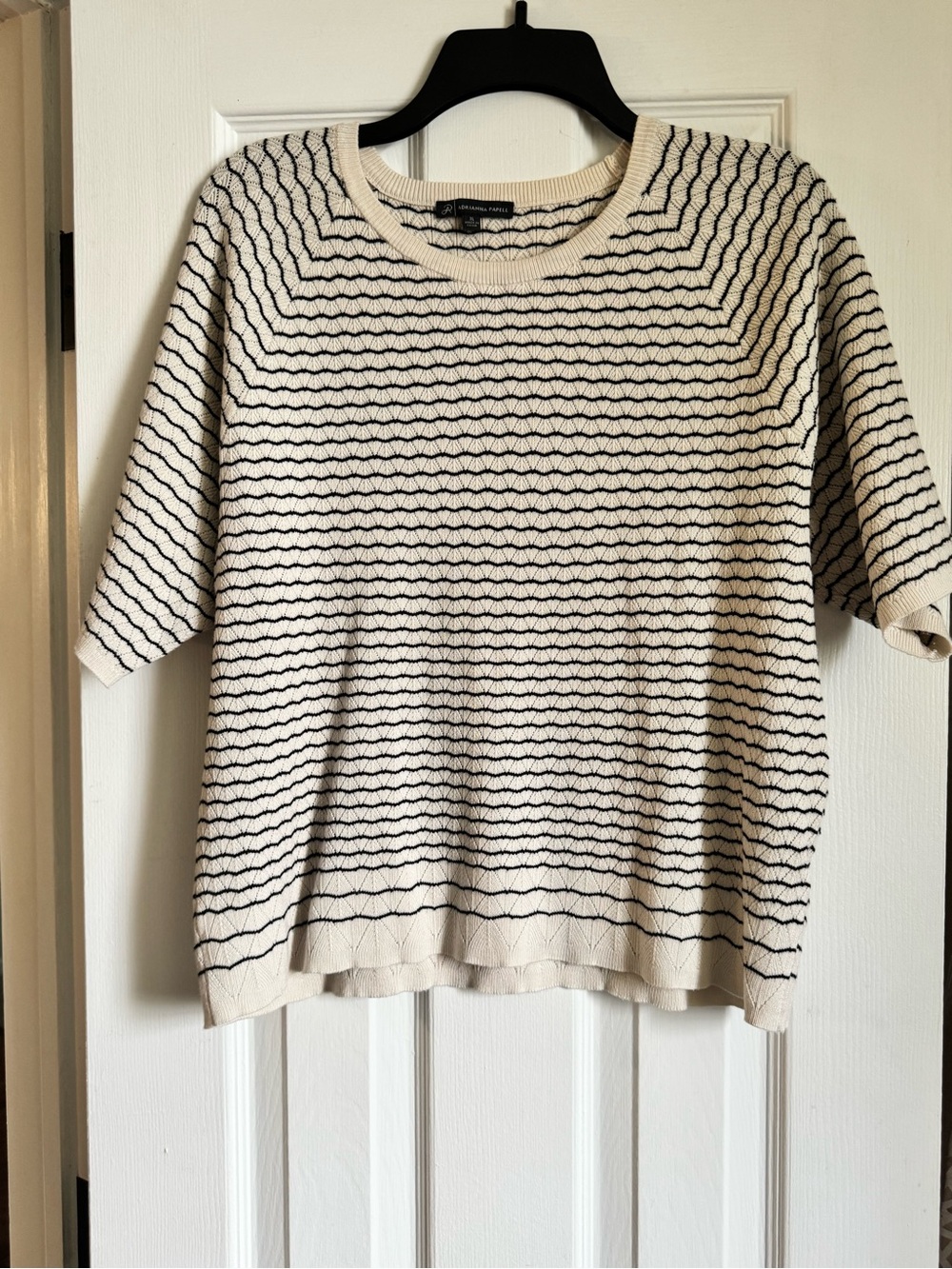 Adrianna Papell Cream and Black Striped Crewneck Short Sleeved Sweater